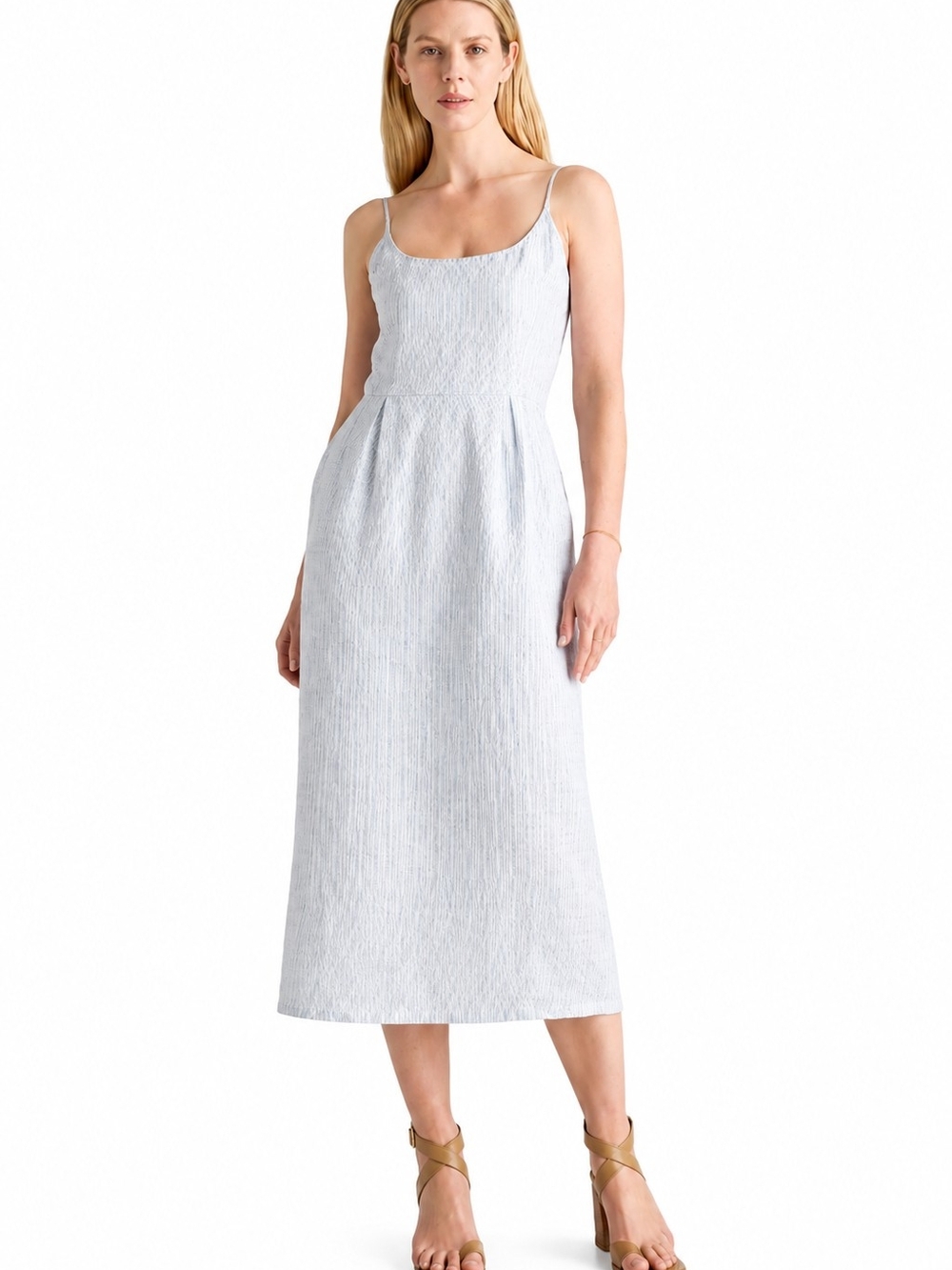 Quince European Linen Scoop Neck Midi Dress Blue White Medium quiet luxury chic
